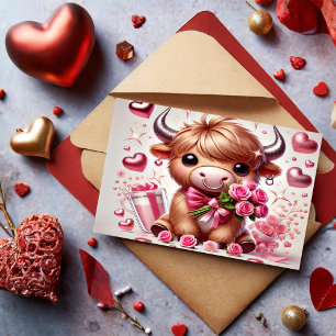 Romantic Blooms Highland Cow Valentine's Holiday Postcard