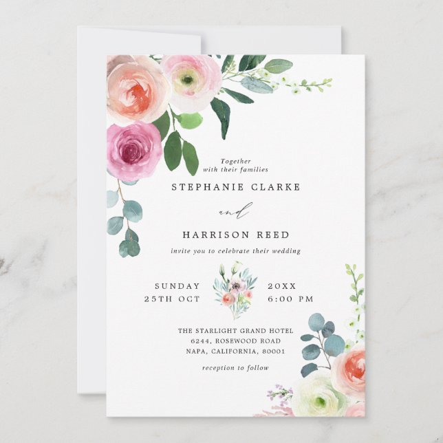 Romantic Blossom Blush Pink & White Floral Wedding Invitation (Front)