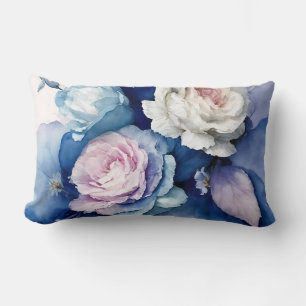 Romantic Blue and Blush Watercolor Roses Floral Ar Lumbar Cushion