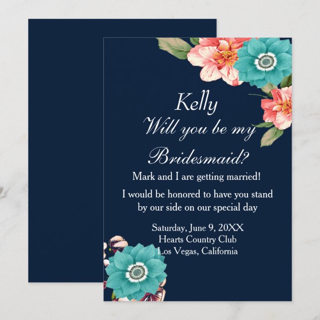 Romantic Blue And Pink Floral Botanical Bridesmaid Invitation (Front/Back)