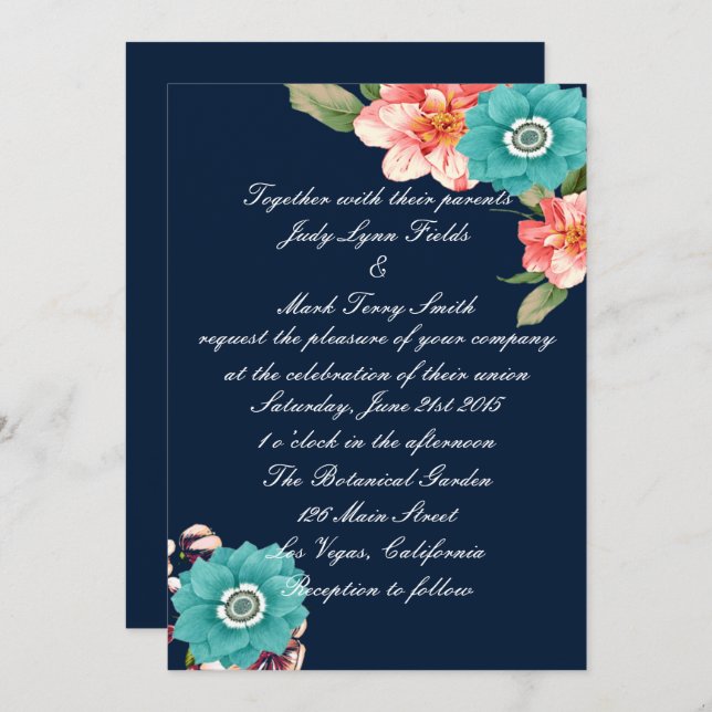 Romantic Blue And Pink Floral Botanical Wedding Invitation (Front/Back)
