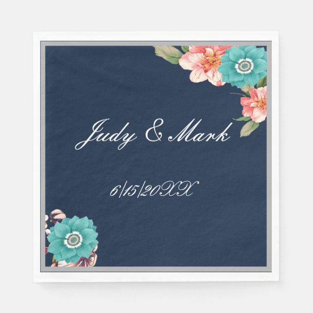 Romantic Blue And Pink Floral Botanical Wedding Napkin (Front)
