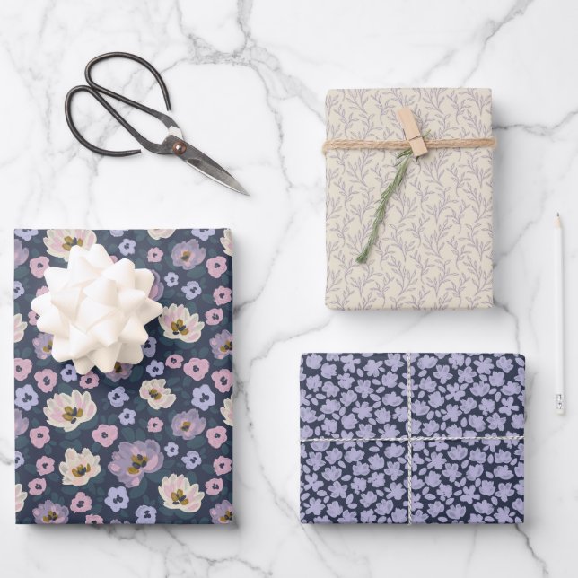 Romantic blue and purple floral wedding shower wrapping paper sheet (Front)