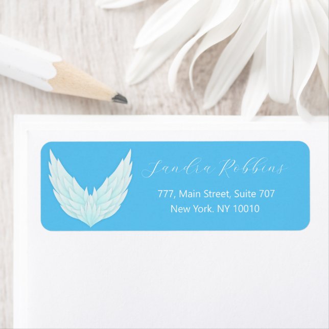 Romantic blue angel wings label return address label (Insitu)