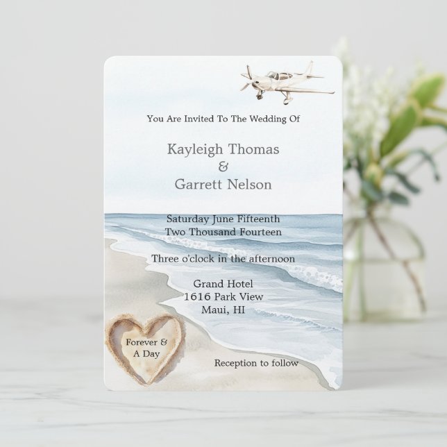 Romantic Blue Beach Ocean Aeroplane Heart Wedding Invitation (Standing Front)