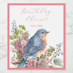 Romantic blue bird and flowers wine label