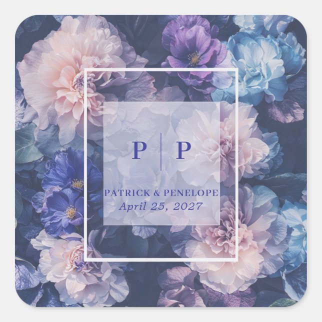 Romantic Blue & Blush Floral Wedding Square Sticker (Front)