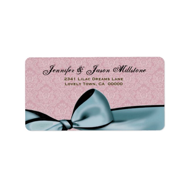 Romantic Blue Bow & Pink Damask Wedding Label (Front)