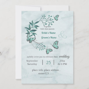 romantic blue butterflies leaves floral wedding invitation