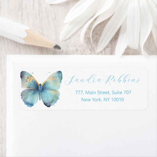 Romantic blue butterfly return address label (Insitu)