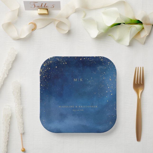 Romantic Blue Celestial Stars Paper Plate (Wedding)