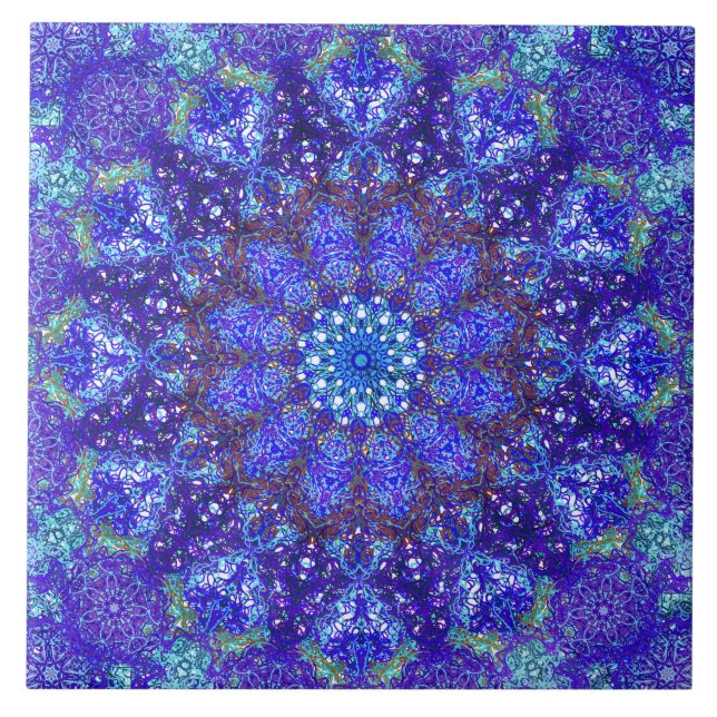 Romantic blue-coloured mandala ornament arabesque tile (Front)