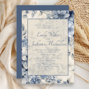 Romantic Blue Cream Vintage Floral Wedding Invitation
