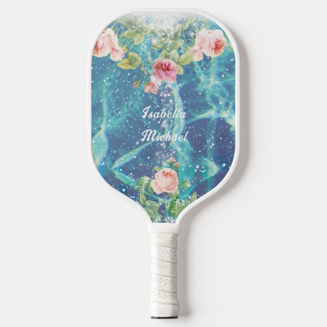 Romantic blue customized couple names  pickleball paddle (Front)