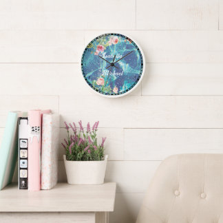Romantic blue customized couple names Sticker Clock