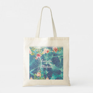 Romantic blue customized couple names Sticker Tote Bag