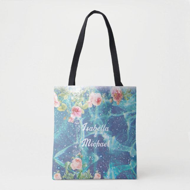 Romantic blue customized couple names  tote bag (Front)