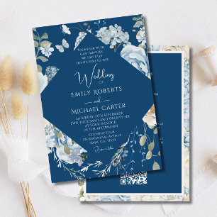 Romantic Blue Floral All In One QR Code Wedding Invitation