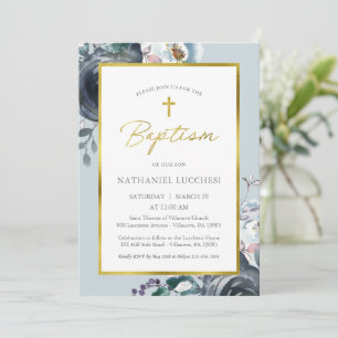 Romantic Blue Floral and Gold Script Baptism Invitation
