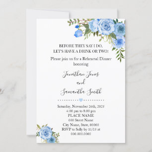 Romantic Blue floral boho chic rehearsal dinner Invitation