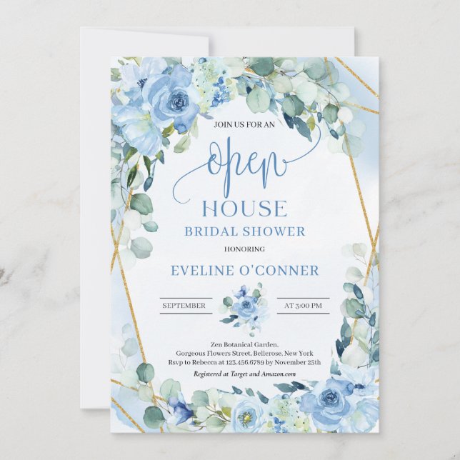Romantic blue floral eucalyptus gold Open House Invitation (Front)