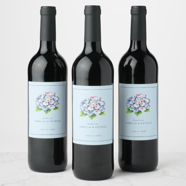 Romantic Blue Floral Hydrangea Bouquet Wine Label (Bottles)