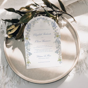 Romantic Blue Floral Monogram All in One Wedding Invitation