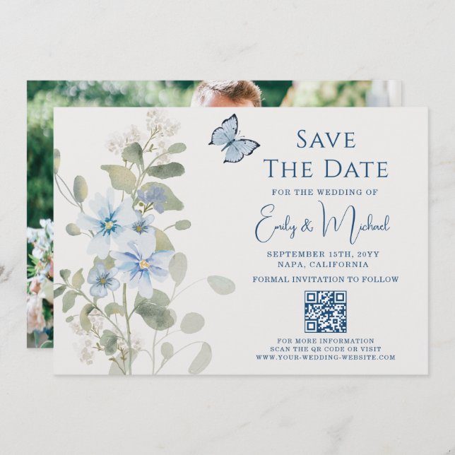 Romantic Blue Floral Photo QR Code Wedding Save The Date (Front/Back)
