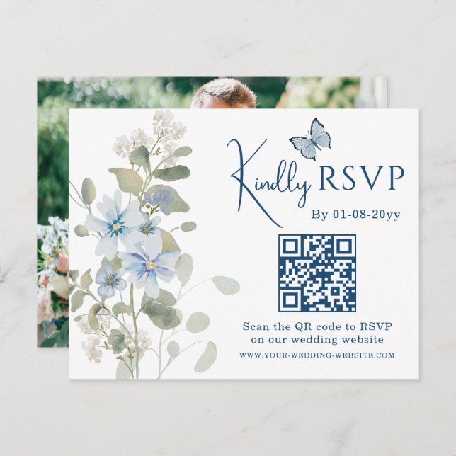Romantic Blue Floral RSVP QR Code Photo Wedding (Front/Back)