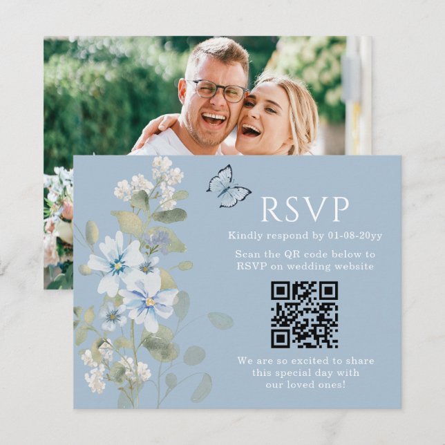Romantic Blue Floral RSVP QR Code Photo Wedding Card (Front/Back)