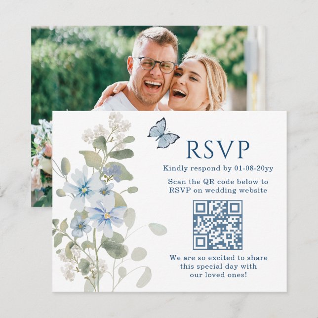 Romantic Blue Floral RSVP QR Code Photo Wedding Card (Front/Back)