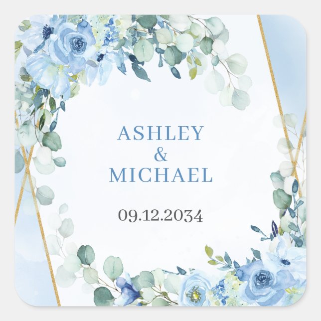Romantic blue floral sage eucalyptus gold frame  square sticker (Front)