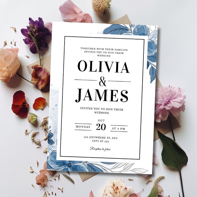 Romantic Blue Floral Wedding, Elegant Wedding Invitation (Creator Uploaded)