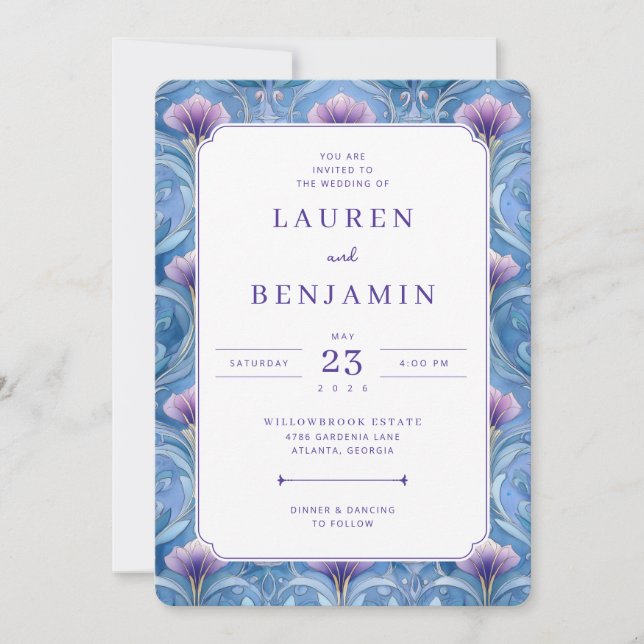 Romantic Blue Floral Wedding Invitation (Front)