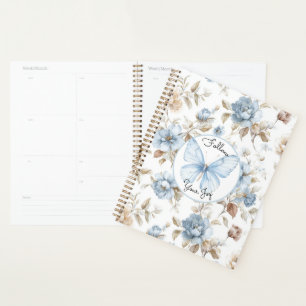 Romantic Blue Flowers Brown Leaves Butterfly Planner