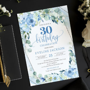 Romantic blue flowers eucalyptus and silver 30th invitation