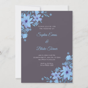 Romantic Blue Flowers Floral Smoke Grey Wedding Invitation