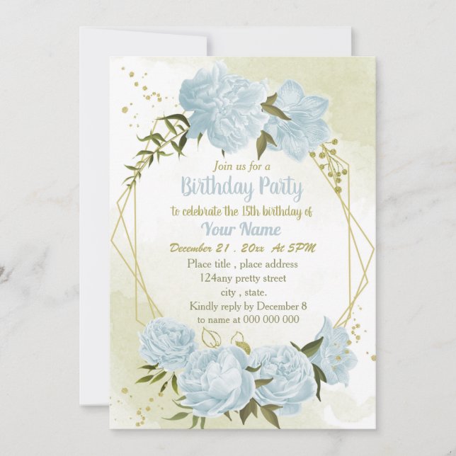 romantic blue flowers geometric birthday party invitation (Front)