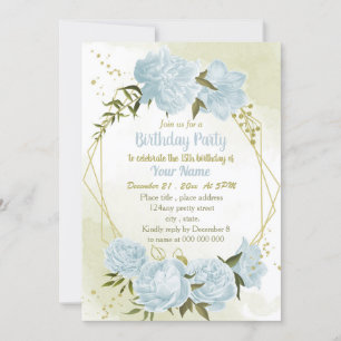 romantic blue flowers geometric birthday party invitation