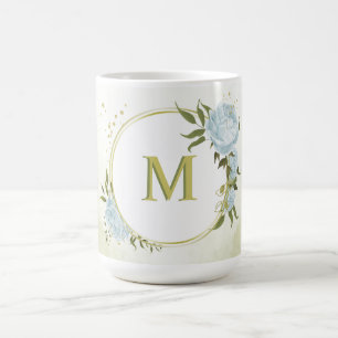 romantic blue flowers  & green leaves botanical coffee mug
