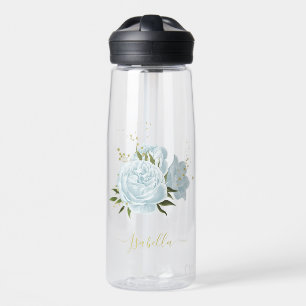 romantic blue flowers & green leaves botanical water bottle