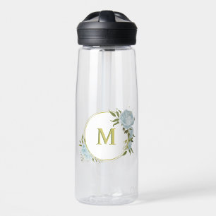 romantic blue flowers & green leaves botanical water bottle