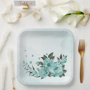 romantic blue flowers & green leaves paper plate