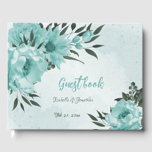 romantic  blue flowers & green leaves wedding guest book