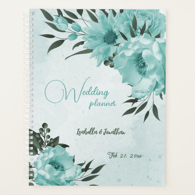 romantic  blue flowers & green leaves wedding planner (Front)