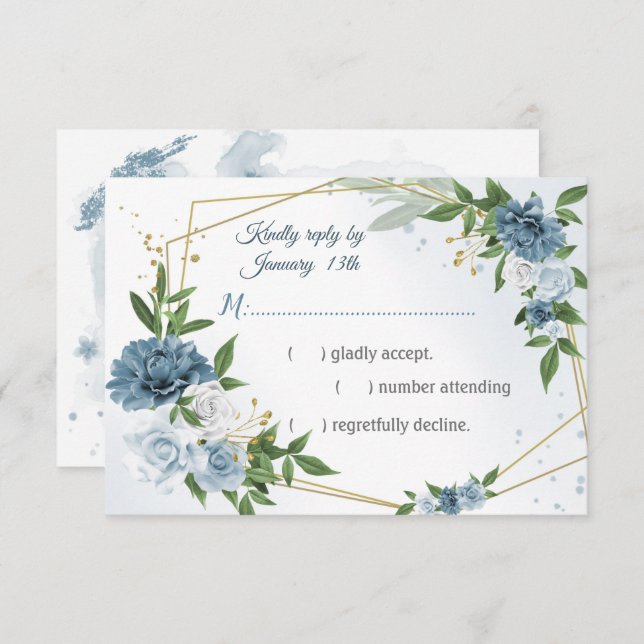 romantic blue flowers greenery geometric RSVP card (Front/Back)