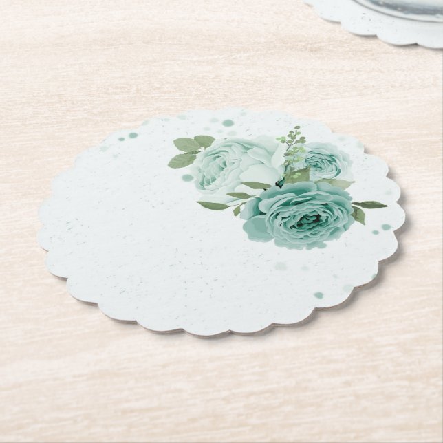 romantic blue flowers greenery paper coaster (Angled)