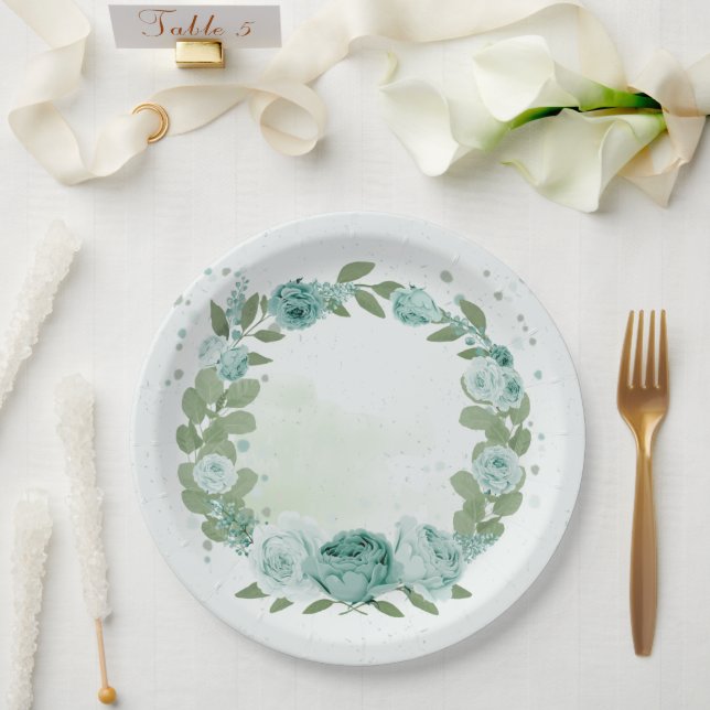 romantic blue flowers greenery  paper plates (Wedding)