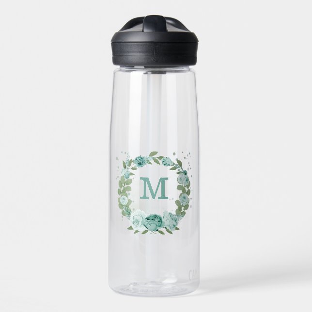 romantic blue flowers greenery water bottle (Front)