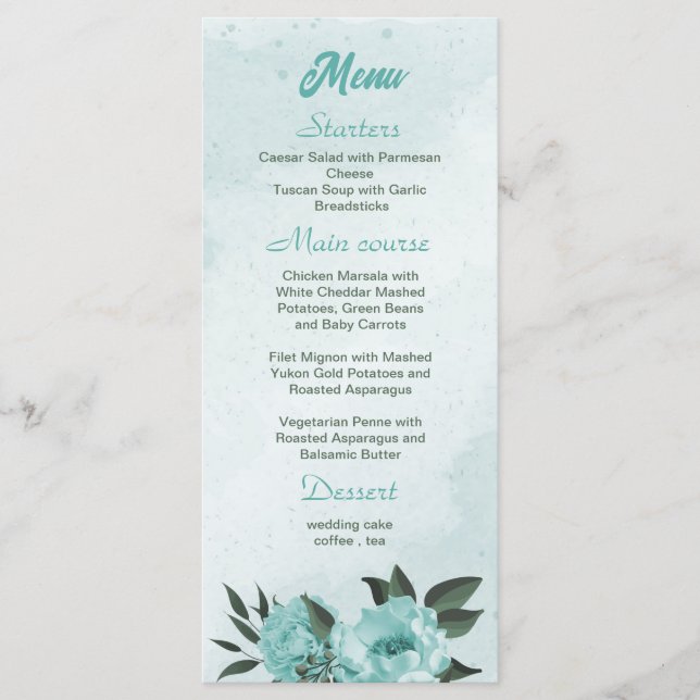 Romantic blue flowers greenery wedding menu (Front)